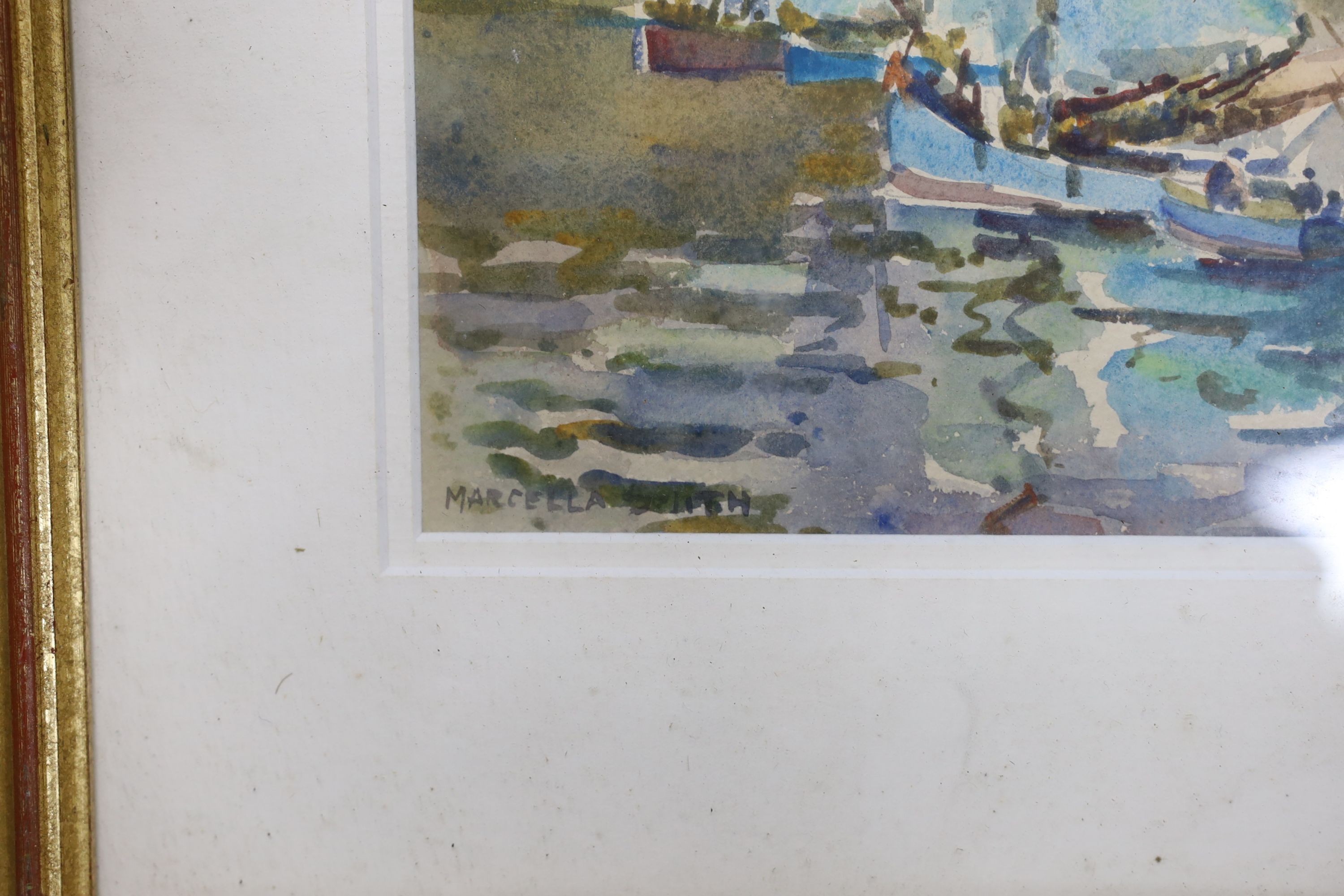 Marcella Smith, watercolour, Fishing boats in harbour, signed, 15 x 22cm.